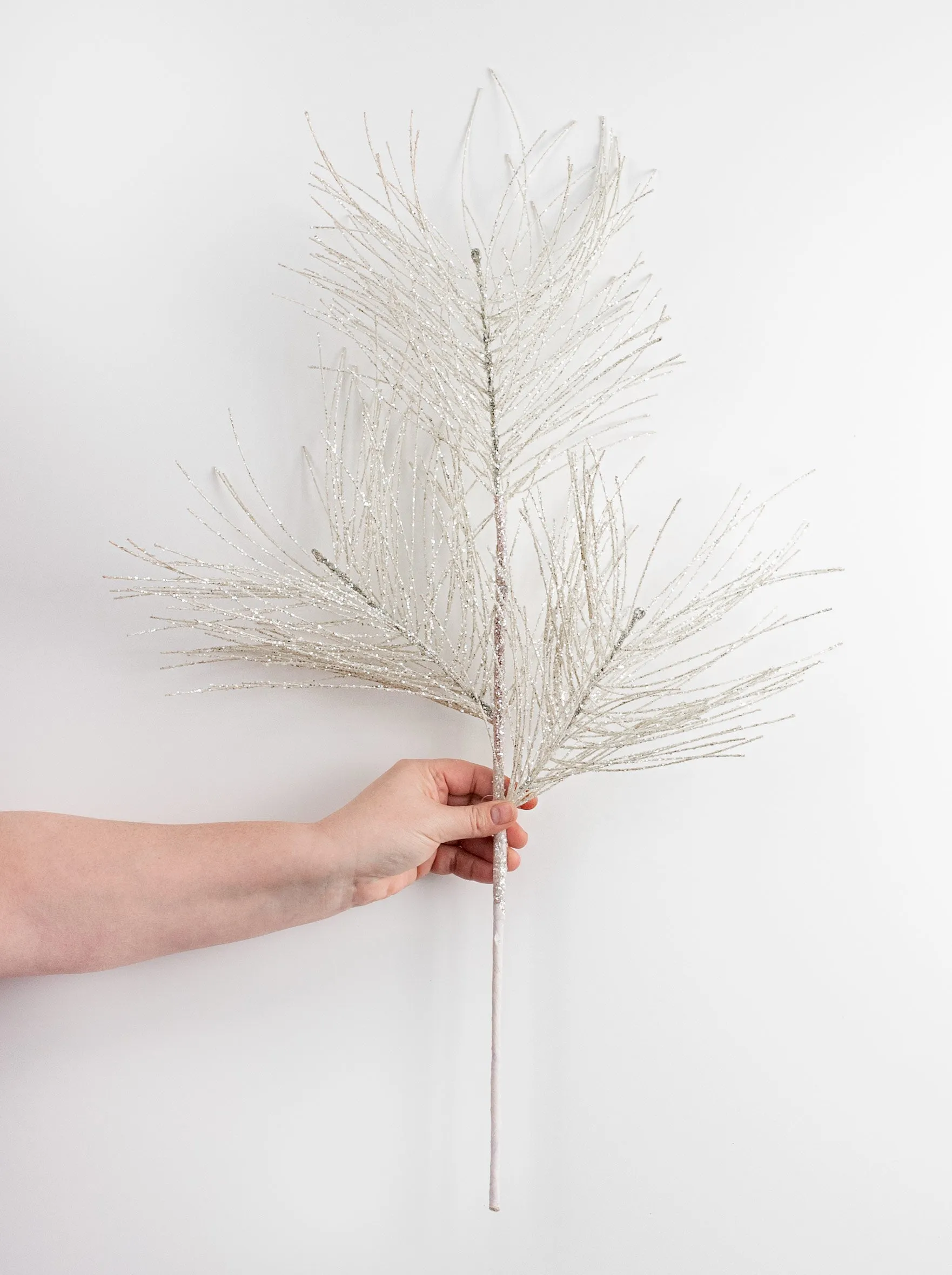 28" Glitter Pine Needle Spray: White