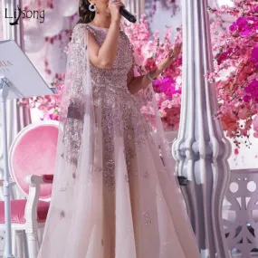 Arabic Blush Pink Beaded Lace Luxury Evening Dresses With Cloak