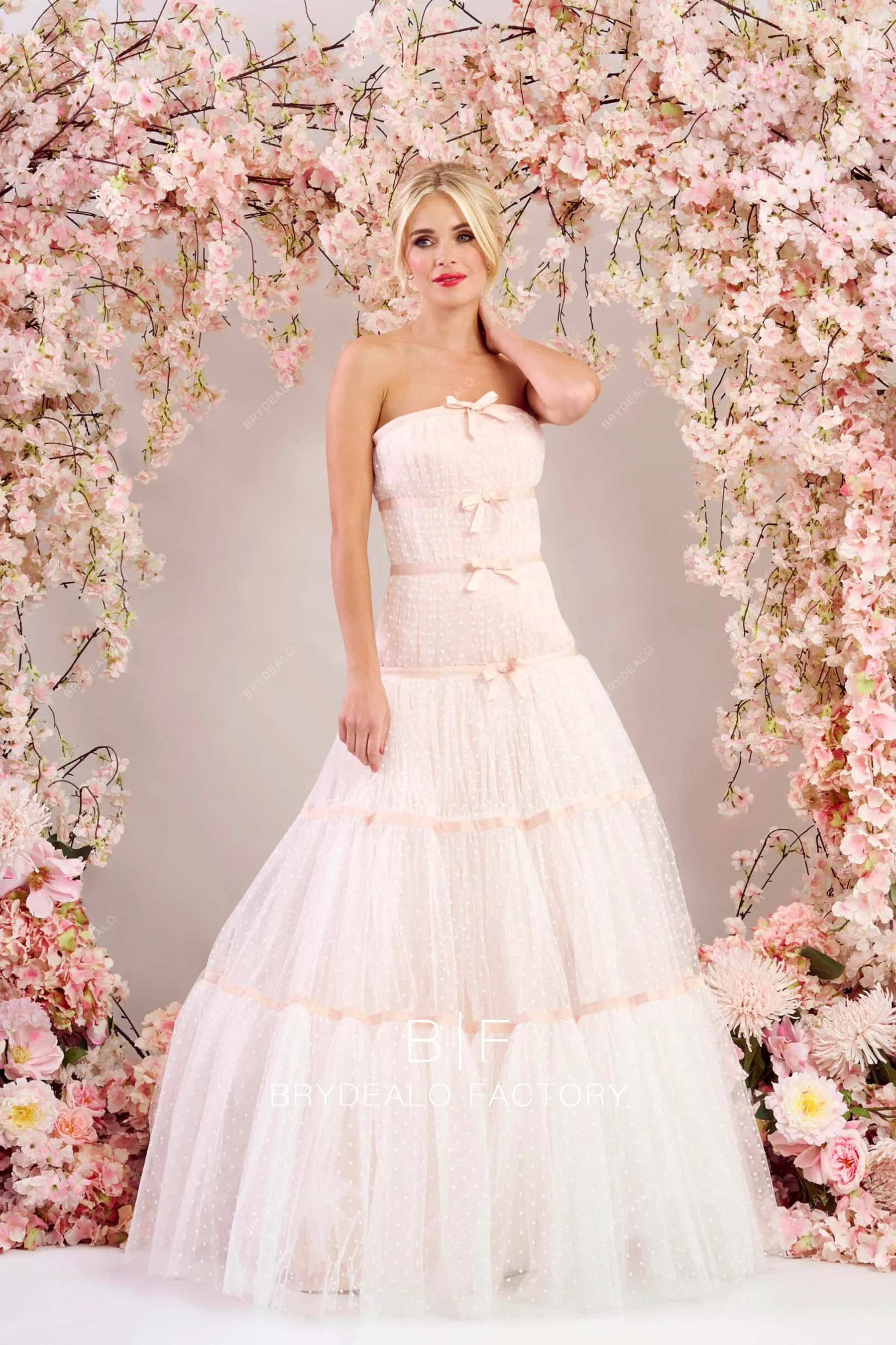 Blush Dotted Tulle Strapless Pretty Fit and Flare Wedding Dress