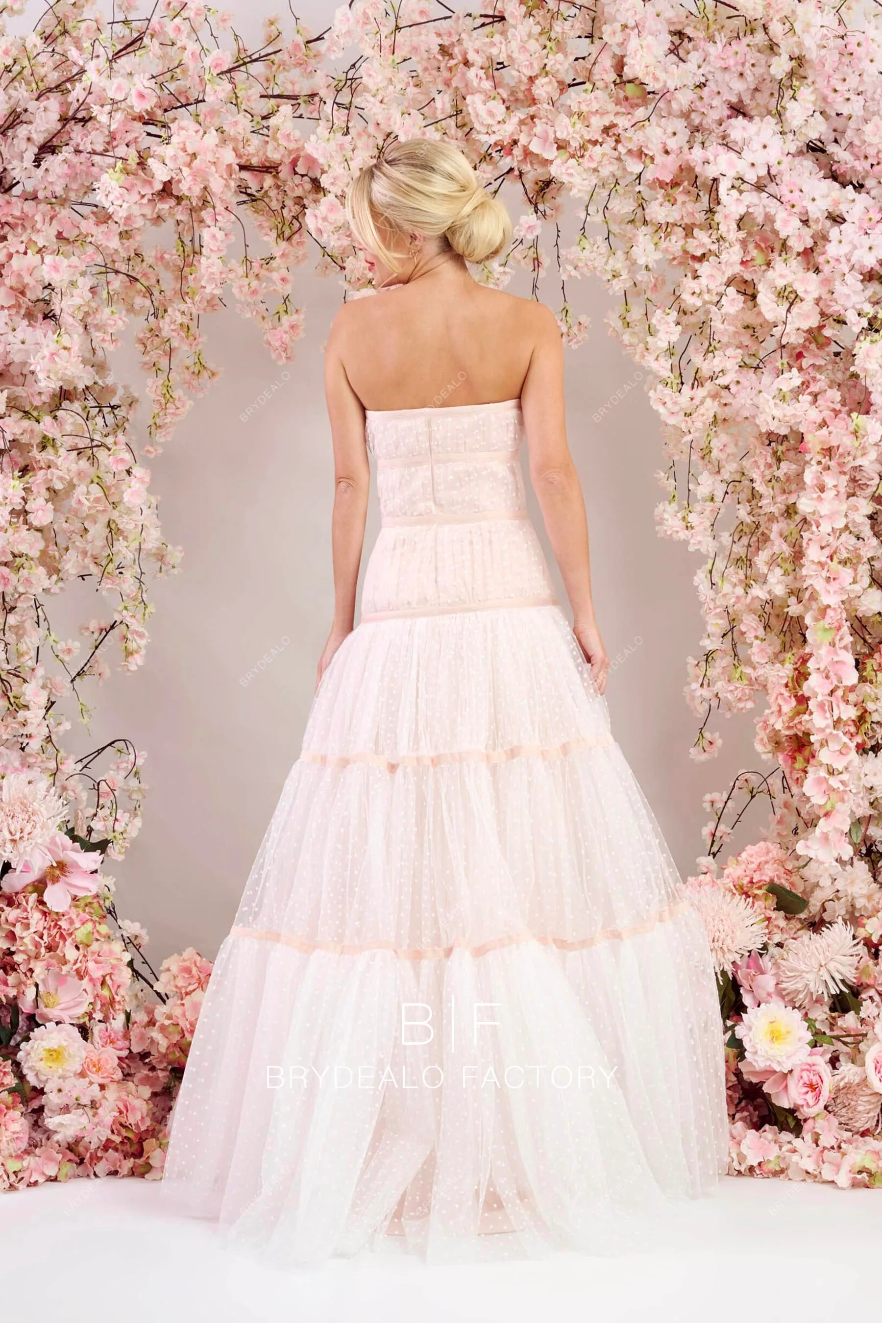 Blush Dotted Tulle Strapless Pretty Fit and Flare Wedding Dress